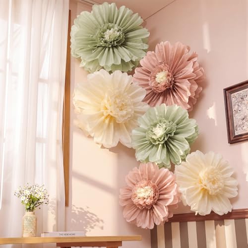 Giegxin 6 Pcs 31.5", 24" Pink and Sage Green Giant Paper Flowers Big Boho Sage Green Crepe Paper Flowers for Wall Decorations Wedding Baby Shower Birthday Bridal Shower Backdrop Classroom Party Decor - color: Pink,Green,White, size: 31.5", 24"