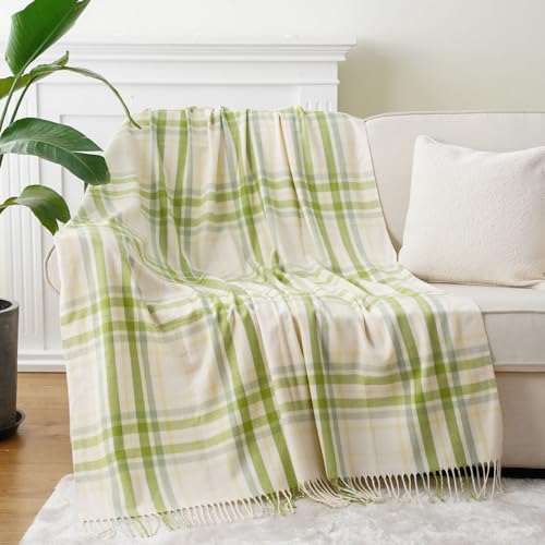 BATTILO HOME Spring Summer Plaid Throw Blanket for Couch Bed, Decorative White Green Stripe Blanket Throw Farmhouse Throw Blankets, Buffalo Checkered Plaid Blankets and Throws for Home Decor - color: White&green