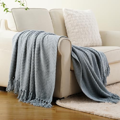 BATTILO HOME Blue Grey Throw Blanket for Couch, Chenille Knit Throw Blankets, Super Soft Dusty Blue Throw Blanket with Tassels for Bed,Sofa and Living Room,50" x 60" - color: Bluish Grey, size: 50"x60"
