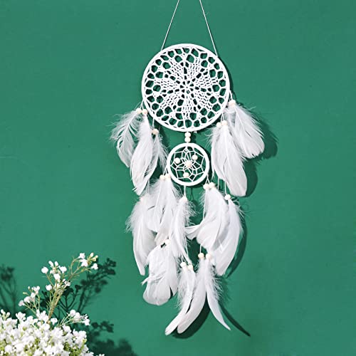 Dream Catchers Boho Wall Decor - Handmade Moon and Sun Feather Dreamcatcher Set, Traditional Native American Wall Hanging for Kids Bedroom, Adult Living Room, Home Bohemian Decor (White, 5 pcs) - color: White