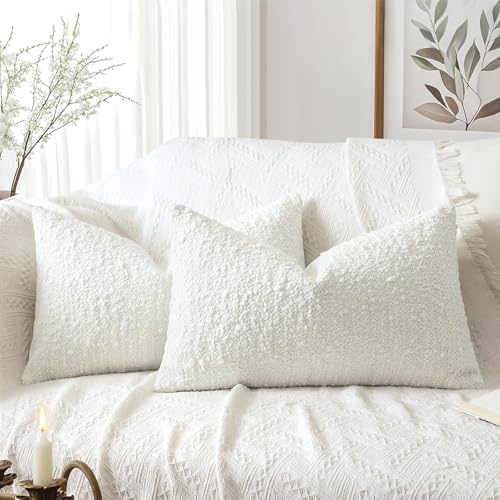 Artscope Lumbar Throw Pillow Cover 12x20 Inch Set of 2 Super Thick Pillow Cover Decorative Boucle Textured Neutral Italian Style Pillowcase for Bedroom Living Room Couch Sofa Home Décor-Beige+White - color: Beige+white, size: 20" x 12" (Pack of 2)
