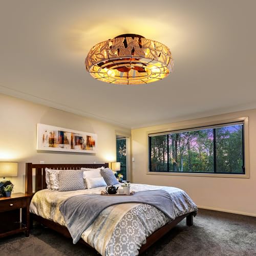Boho Caged Ceiling Fans with Lights and Remote 20" Flush Mount 6-Speed Reversible Enclosed Low Profile Handmade Cotton Rope Ceiling Fan with Light 4 Bulbs,for Bedroom, Living Room, Kitchen - color: Cream Leaves