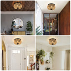 3-Lights Woven Rattan Flush Mount Ceiling Light Fixture with Hand-Worked Cage Shade for Bedroom, Kitchen, Foyer, Porch