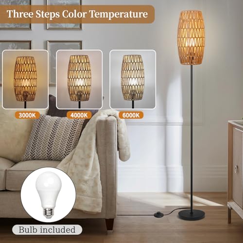 Ruiever Floor Lamp for Living Room,Farmhouse Floor lamp,Modern Standing lamp with Hand-Worked Rattan Shade (Drum Shade-with Remote) - style: Drum Shade-with Remote