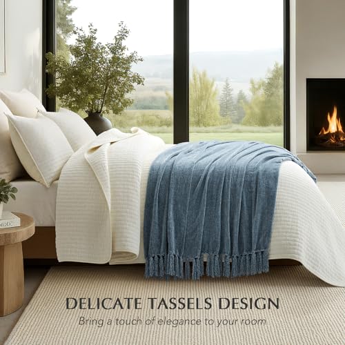 EverGrace Soft Chenille Throw Blanket for Couch, Cozy Plush Fuzzy Decorative Chenille Knit Throw Blanket with Tassels, Lightweight Blanket and Throws for Bed Sofa Gift Home Decor, Cloud Blue 60"x80" - color: Cloud Blue, size: 60"x80"