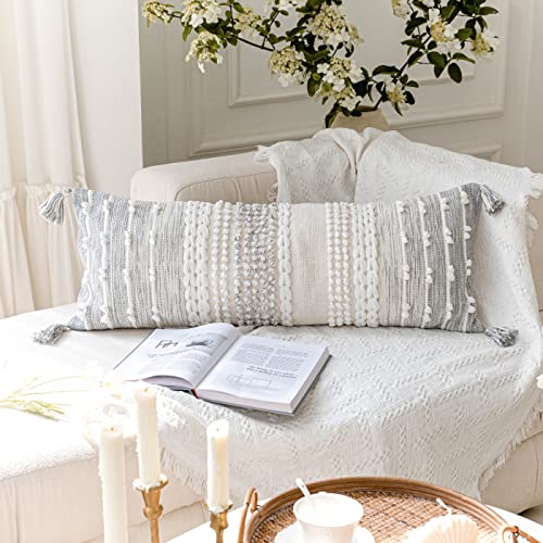 BlissBlush Gray Decorative Lumbar Pillow Cover 14x36, Boho Long Throw Pillow for Bed, Accent Lumbar Throw Pillow Case, Modern Farmhouse Textured Lumbar Cushion (Cover ONLY) - color: Light Gray, size: 36" x 14" (Pack of 1)