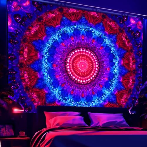 Manicer Blacklight Mandala Tapestry - UV Reactive Bohemian Red Blue Purple Floral Colorful Wall Hanging, Glow in the Dark Aesthetic Boho Wall Art Decor for Bedroom, Living Room, Dorm - 51.2" x 59.1" - color: Blue