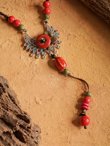 MINACHI Vintage Bohemian Colorful Ceramic Bead Antique Flower Y Necklace, Vintage Boho Hippie Statement Jewelry Gift for Women - color: S02B