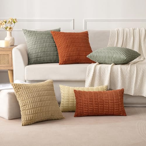MIULEE Pack of 2 Corduroy Decorative Throw Pillow Covers 16x16 Inch Soft Boho Striped Pillow Covers Modern Farmhouse Home Decor for Summer Sofa Living Room Couch Bed Light Olive Green - color: Light Olive Green, size: 16" x 16" (Pack of 2)