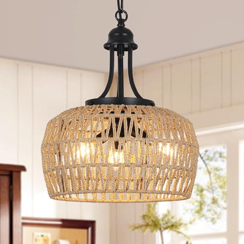 HMVPL Farmhouse Chandelier for Dining Room, 3-Light Boho Rattan Chandelier Light Fixture Ceiling Hanging with Woven Lampshade, Small Wicker Coastal Pendant Light for Kitchen Bedroom Island Hallway - color: Brown, size: 3-Lights (D)12.6 in