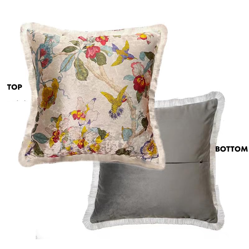 GUMAS Original Luxurious Floral and Bird Print Velvet Throw Pillow, Cushion Cover with Vintage Chinese Style Design (1, Pearl White Cover) - color: Pearl White Cover