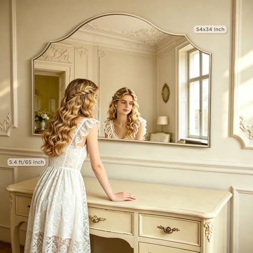 Besdomus Oversized Scalloped Gold Mirror: 54"x34" Modern Minimalist Wood Frame Wall Mirror - Decorative Fireplace Arched Mirrors for Bathroom/Entryway/Vanity/Living Room - Home Decor for Fashion Women - color: Gold Leaf, size: 34"L x 54"W