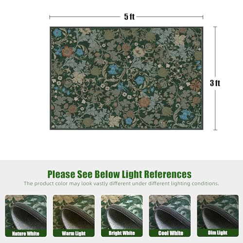 Forest Green Floral Area Rug 3x5 for Entryway, Washable Vintage Farmhouse Botanical Rug, Non Slip Low Pile Thin Floor Decor Soft Accent Rug for Front Door Kitchen Playroom Bedroom - color: Green, size: 3'x5'