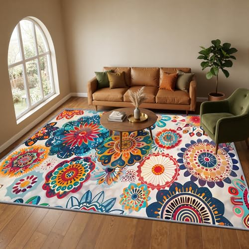 Colorful Medallion Rug - Mandala Bohemian Rug, 2x3 ft Washable Non-Slip Multicolor Abstract Floral Area Rugs, Hippie Boho Carpet for Entryway, Kitchen, Bedside, Vibrant Home Decor & Gifts - color: Beige Blue Red Orange, size: 2' x 3' (Rectangular)