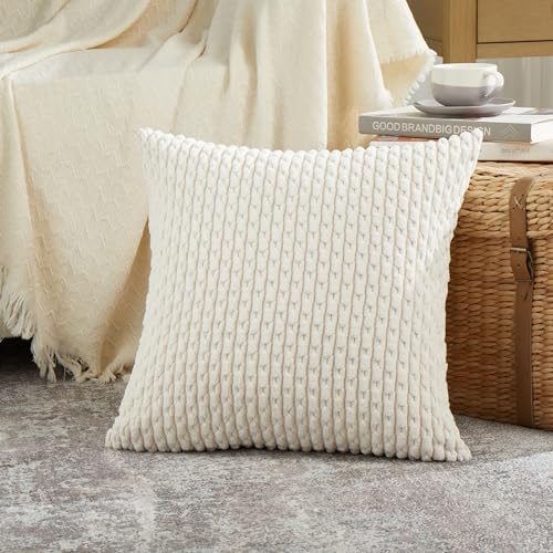 Fancy Homi 2 Packs Boho Cream Decorative Throw Pillow Covers 18x18 Inch for Couch Bed Sofa, Modern Farmhouse Home Decor, Soft Cute Plush Corduroy Cushion Case 45x45 CM - color: Cream, size: 18" x 18" (Pack of 2)