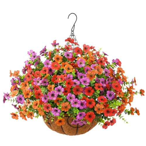ZFProcess Artificial Faux Hanging Plants Flowers Basket for Spring Outdoor Decoration, Fake Silk Daisy in Planter Realistic UV Resistant Look Real for Porch Home Patio Balcony Yard(Purple Orange red) - color: Purple Orange Red