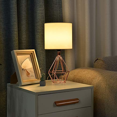 Rose Gold Bedside Table Lamp,Modern Small Desk Lamp with TC Fabric Shade Geometric Metal Base for Kids Living Room Bedroom Nightstand - color: Rose Gold