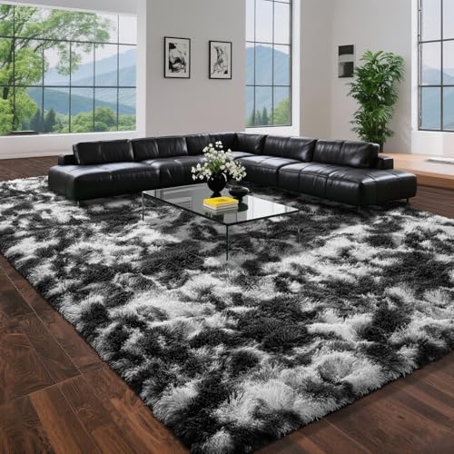 DweIke Fluffy Black White Shag Rugs for Bedroom Living Room, 3x5 Feet Soft Plush Tie-Dyed Cow Girls Boys Kids Rug, Non-Slip and Machine Washable Carpet for Dorm Nursery Classroom Decor - color: Tie-dyed Black, size: 3 Ft X 5 Ft