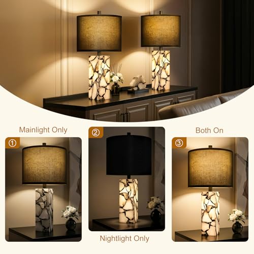 Scenekoy 23" Alabaster Table Lamps Set of 2 with Night Light for Living Room, Rotary Switch, Black Modern Table Lamp with Black Linen Shade, Nightstand Lamp for Bedroom Bedside Office (Bulb Included) - color: Black