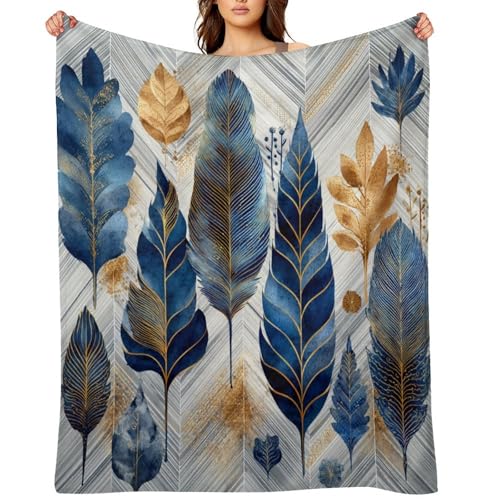 Blanket Luxury Feather Leaf Plant Blue Throw Blanket for Women Men, 40"x50" Golden Foliage Plush Flannel Throws, Decor for Bed Couch Bedroom - color: Luxury Feather Leaf Plant Blue, size: 40"x50"