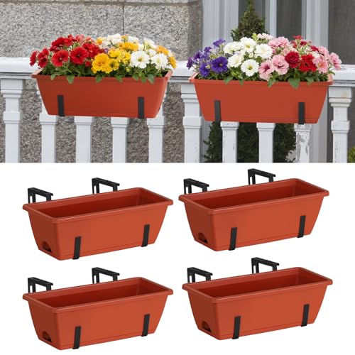 CADUKE Railing Planter Box 16.9 Inches Fence Hanging Planters with Adjustable Brackets Red Deck Railing Planter Boxes Plastic Outdoor Balcony Railing Window Boxes Planters Hanging Flower Box - color: Red