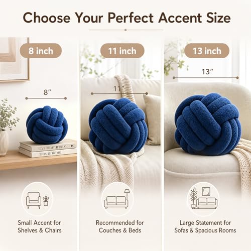 Petrella Navy Blue Knot Pillow Ball, Handmade Soft Lambswool Round Throw Pillow for Chair, Couch and Modern Room Decor, Small Decorative Pillows, Knotted Accent Cushion, 8 Inch - color: Navy, size: 8inch