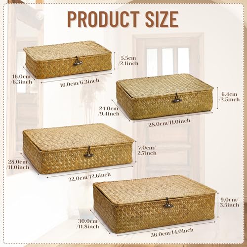 Didaey Set of 4 Seagrass Basket with Lid Wicker Storage Basket Decorative Storage Boxes with Lids Flat Storage Bins Woven Organizer Baskets for Shelf Closet Bedroom, 4 Sizes (Yellow) - color: Yellow
