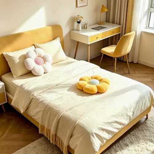 2 Pcs Flower Floor Pillow, Daisy Flower Shaped Pillows Set, Cute Yellow Decorative Throw Pillows Floor Cushions for Girls Bedroom Bed Couch Preppy Room Decor (White & Yellow, 15 INCH) - color: White & Yellow