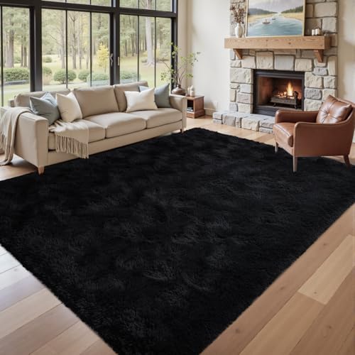 7x10 Black Area Rugs for Living Room, Large Fluffy Shag Bedroom Rugs Non-Slip, Ultra Soft Plush Carpet for Nursery Kids PlayRoom Dorm Office Indoor Modern Carpets - color: A-black, size: 7' X 10' (Rectangular)