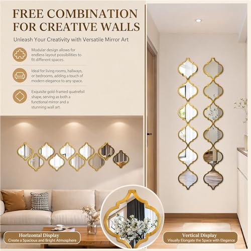 12Pcs Acrylic Mirrors for Wall Decor - Moroccan Diamond Shaped Wall Stickers,DIY Self-Adhesive Decorative Mirror Tiles for Living Room, Bedroom, Office, and Wedding Party Decor - color: Gold