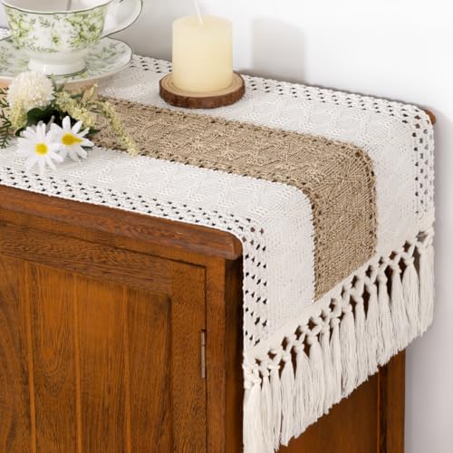 Socomi Boho Table Runner Summer Farmhouse Rustic Dining Kitchen Centerpiece Decor Small Macrame Woven Cotton Linen Coffee Table Runner for Dresser Scarf Home Decor 12x72 inch - color: Brown & Ivory, size: 12" X 72"