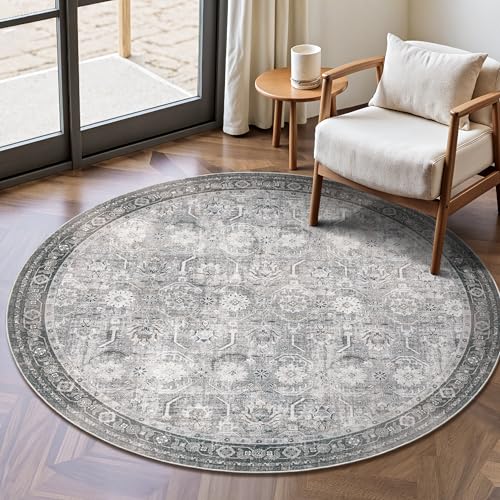4FT Round Area Rugs, Soft Non Slip Low Pile Washable Rug, Circle Rugs for Entryway Indoor, Living Room, Bedroom, Laundry Room, Distressed Grey - color: Distressed Grey, size: 4 FT Round
