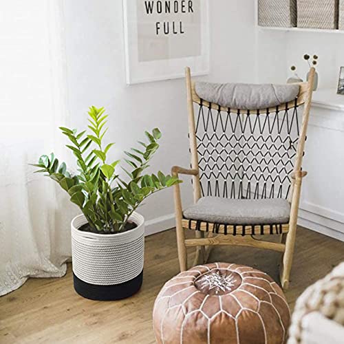 Jute Rope Plant Basket Hand Woven Flower Pot Basket for 6" Flower Pot Floor Indoor Planters Modern Storage Organizer Foldable Basket Rustic Home Decor White Stitching Black H6 3/4" x W6 1/2"
