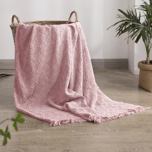 Simple&Opulence 100% Cotton Throw Blanket for Bed, Couch, Boho Luxury Geometric Knit Woven Blanket with Tassels Soft Lightweight Cozy Breathable, Vintage Farmhouse Decoration for All-Season(Pink) - color: Pink