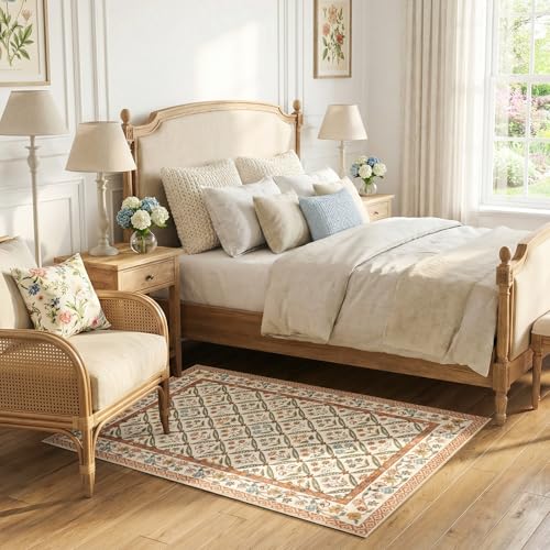 jinchan Haden Accent Rug 3x5 Vintage Floral Washable Rug for Bedside Entryway Soft Non-Slip Low Pile Small Carpet for Girls Dorm Small Living Room Cottage Indoor Decor Terracotta - color: Terracotta, size: 3' x 5' (Rectangular)
