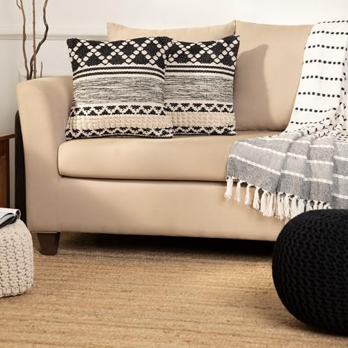 · REDEARTH · Handmade Boho Throw Pillow Covers - Bohemian Farmhouse Style - Accent Woven Indoor and Covered Patio Pillow Cushion Cases for Couch, Bed, Sofa – Set of 2-18"x18" - Mosaic Trellis Black - color: Mosaic Trellis Black, size: 18" x 18" (Pack of 2