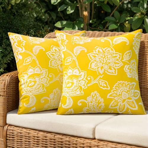 Decorative Outdoor Floral Pillow Covers Set of 2,Waterproof Boho Farmhouse Throw Pillows Summer Accent Pillowcases for Patio Furniture Garden Sofa 18x18 Inch, Yellow - color: Yellow