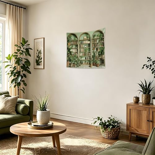 QGHOT Sage Green Vintage Tapestry Botanical Bookshelf Tapestry Wall Hanging Fake Potted Office Zoom Video Backdrop for Study Room Bedroom Living Room Decor, 39.4" x 31.5" - color: Z, size: 31.5"L x 39.4"W
