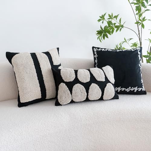 Black White Boho Chunky Tufted Pillow Cover, Neutral Decorative Oblong Throw Pillow Case, Geometric Woven Modern Sham for Bed Couch Living Room, 12x20 inches, 1PCS - color: Black, size: 20" x 12" (Pack of 1)