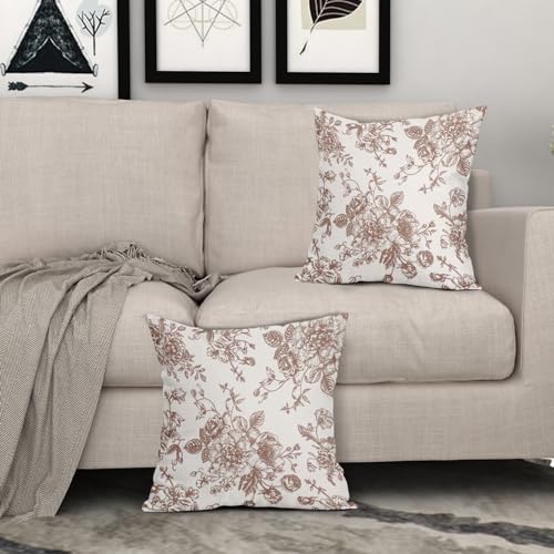 Vintage Floral Pillow Covers 18x18 Inch Set of 2 Light Brown and Cream Floral Throw Pillow Covers Chinoiserie Flower Pillowcases Rustic Farmhouse Cotton Linen Cushion Covers for Couch Bed Sofa Decor - color: Light Brown, size: 18" x 18" (Pack of 2)