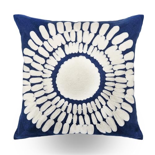 Embroidery Throw Pillow Covers 18x18 Home Decor Floor Pillows Cover 100% Cotton Cushion Cover Throw Pillow Case for Couch Dark Blue Sunflower Embroidered Pillow 45x45cm, Navy Blue, 1 Piece - color: Dark Blue