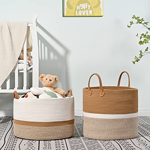 KAKAMAY Large Blanket Basket (18"x18"x16"),Woven Baby Laundry Hamper for Storage, Cotton Rope Blankets Baskets for Nursery, Laundry, Living Room, Pillows, Baby Toy chest with Handles (Brown) - color: Brown