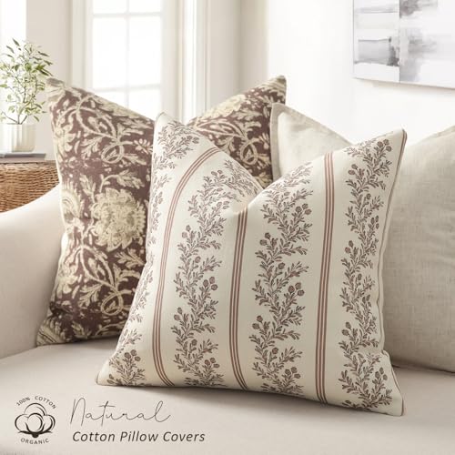 Vintage Throw Pillow Covers 16x16 Set of 2, Striped Floral Pillow Cover Botanical Patterned Decorative Cushion Covers Modern Farmhouse Home Decor for Sofa Couch Bed Living Room, Almond - color: Almond, size: 16" x 16" (Pack of 2)