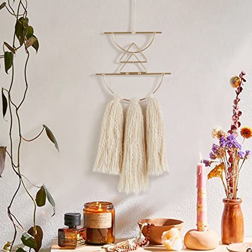IOWER Boho Wall Decor Macrame Wall Hanging Small Metal Wall Art Cute Wall Decor For Living Room Bedroom(Ivory, 13"Lx4.7"w) - color: Beige