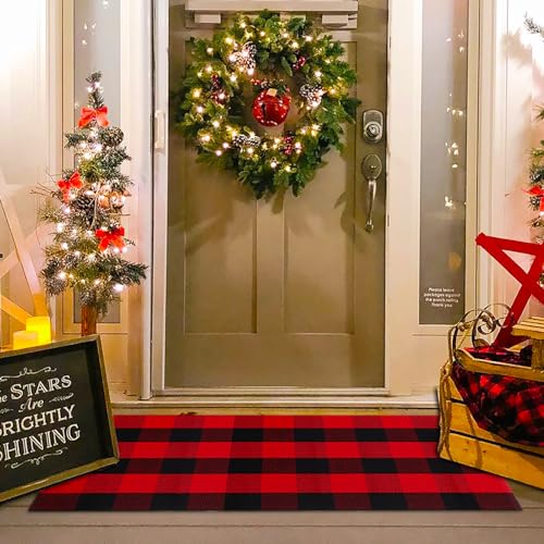 Christmas Red and Black Plaid Rug, 28 x 43 Inches Cotton Hand-Woven Layered Door Mat for Front Porch, Entryway, Outdoor Holiday Decor, Washable Buffalo Check Rug for Home, Patio, Kitchen - color: Red & Black Plaid, size: 2'4" x 3'7" (Rectangular)