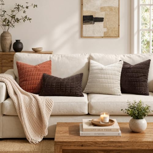 MIULEE Pack of 2 Corduroy Decorative Throw Pillow Covers 16x16 Inch Soft Boho Striped Pillow Covers Modern Farmhouse Home Decor for Sofa Living Room Couch Bed Dark Brown - color: Dark Brown, size: 16" x 16" (Pack of 2)