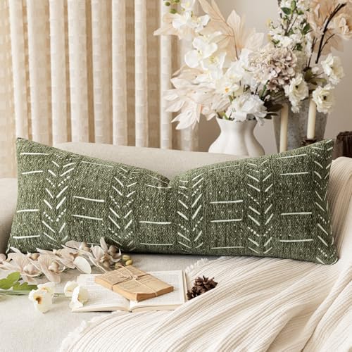 Home Décor Decorative Boho Chenille Throw Pillow Covers Textured Neutral Cushion Covers Soft Farmhouse Body Pillowcase for Couch Sofa Chair Bed Living Room, 14×36 Inch, 1 Piece, Olive Green - color: Olive Green, size: 36" x 14" (Pack of 1)