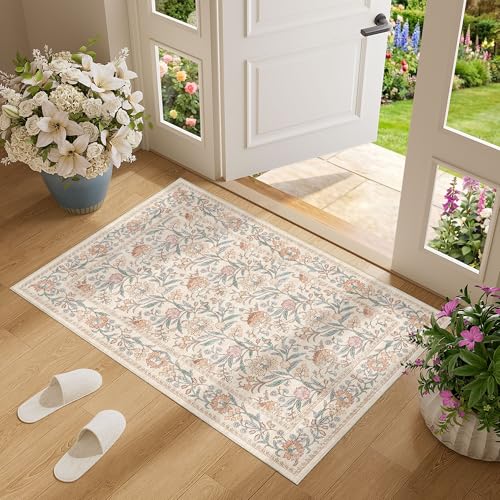 DUKINO 2x3 Rugs for Entryway, Washable Vintage Floral Small Area Rug with Non Slip Backing, Ultra Soft Door Mat Indoor Entrance Low Pile Floor Carpet for Kitchen, Bathroom, Bedroom, Farmhouse, Beige - color: Beige Yellow, size: 2' x 3' (Rectangular)