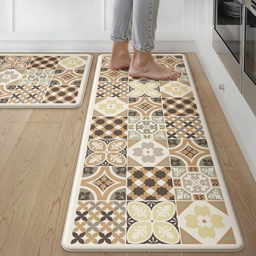 GENIMO Anti Fatigue Kitchen Mats for Floor, Cushioned Non Slip Kitchen Rug, Waterproof Kitchen Floor Mat Runner, Kitchen Mat for Laundry, Sink, Office, Entryway, 17.3"x47"+17.3"x30", Beige - color: D.beige, size: 17.3"x47"+17.3"x30"