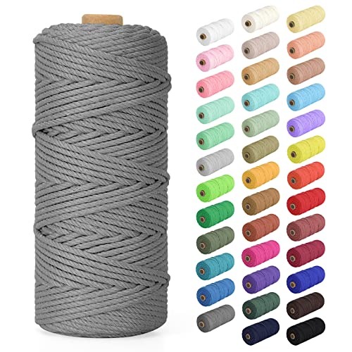 Macrame Cord 3mm x 109Yards (328Feet), Natural Cotton Macrame Rope - 4 Strands Twisted Macrame Cotton Cord for Wall Hanging, Plant Hangers, Crafts, Gift Wrapping and Wedding Decorations, Dark Gray - color: Dark Gray, size: 0.12 in x 109 yd
